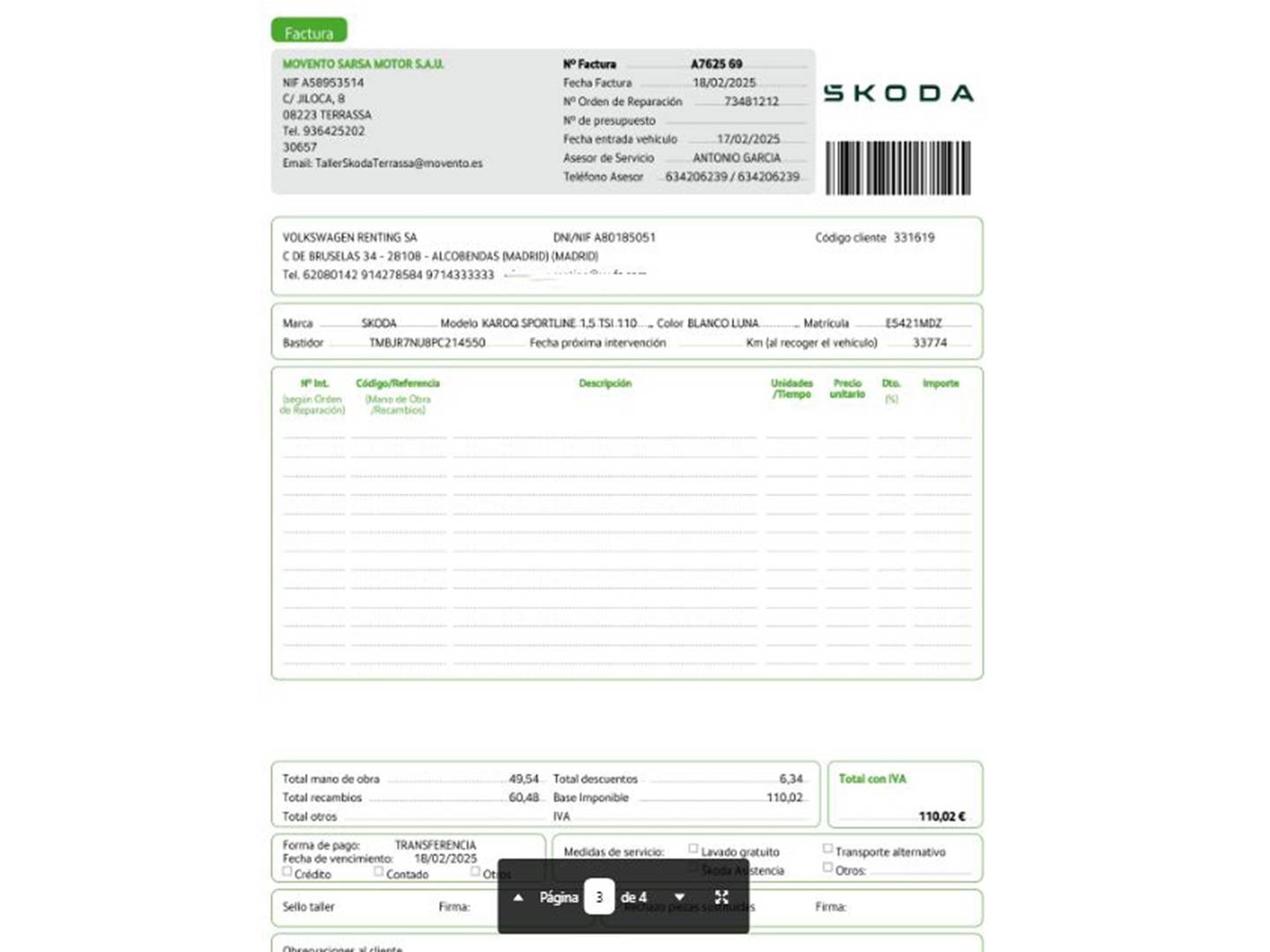 Foto del mantenimiento del Skoda Karoq Skoda Karoq 1.5 TSI ACT Sportline DSG  (150 CV)