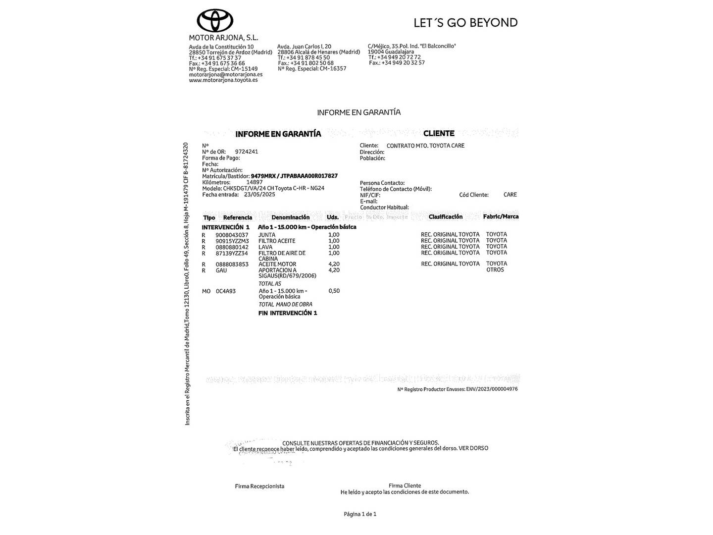 Foto del mantenimiento del Toyota C-HR Toyota C-HR 200H GR Sport (196 CV)