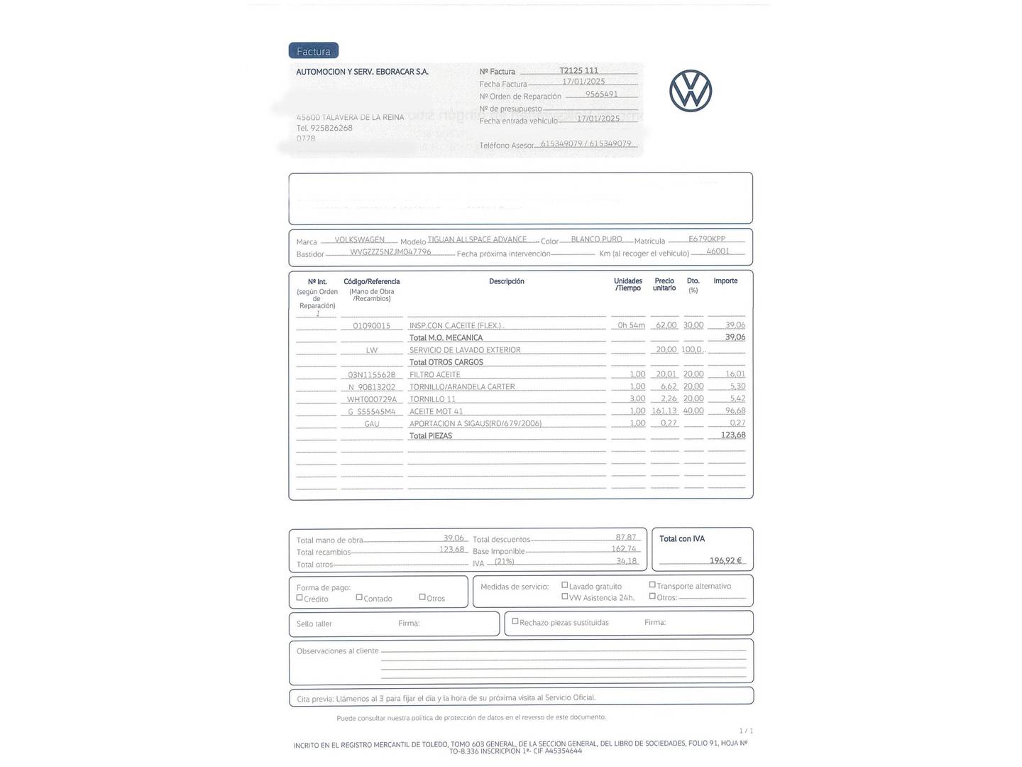 Foto del mantenimiento del Volkswagen Tiguan Allspace Volkswagen Tiguan Allspace Advance 2.0 TDI (150 CV) 7 Plazas
