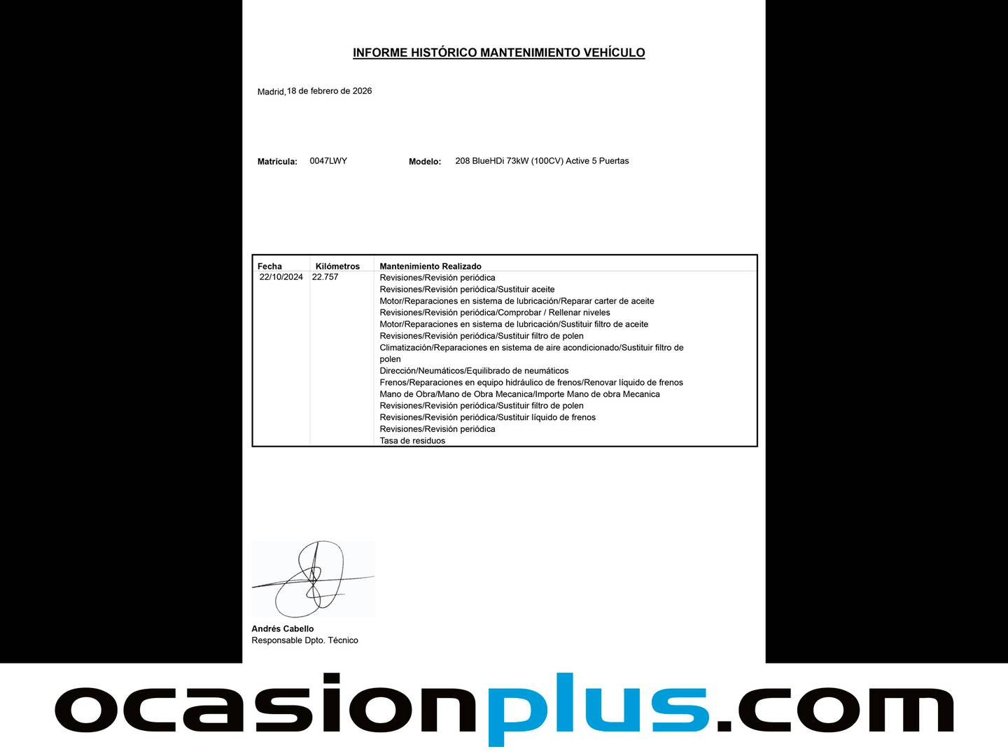 Foto del mantenimiento del Peugeot 208 Peugeot 208 BlueHDi 100 Active (100 CV)