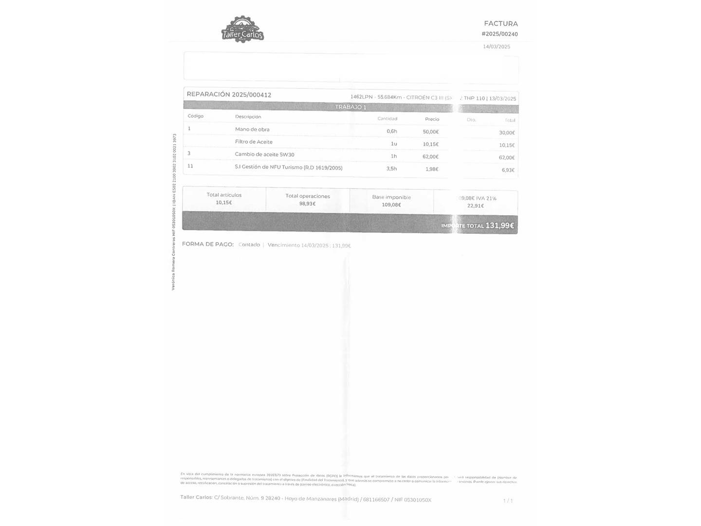 Foto del mantenimiento del Citroën C3 Citroën C3 PureTech 110 S&S Shine (110 CV)