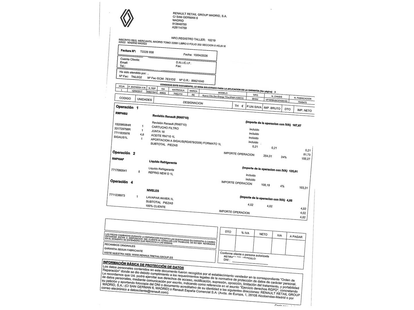 Foto del mantenimiento del Renault Clio Renault Clio Zen Energy TCe (120 CV)