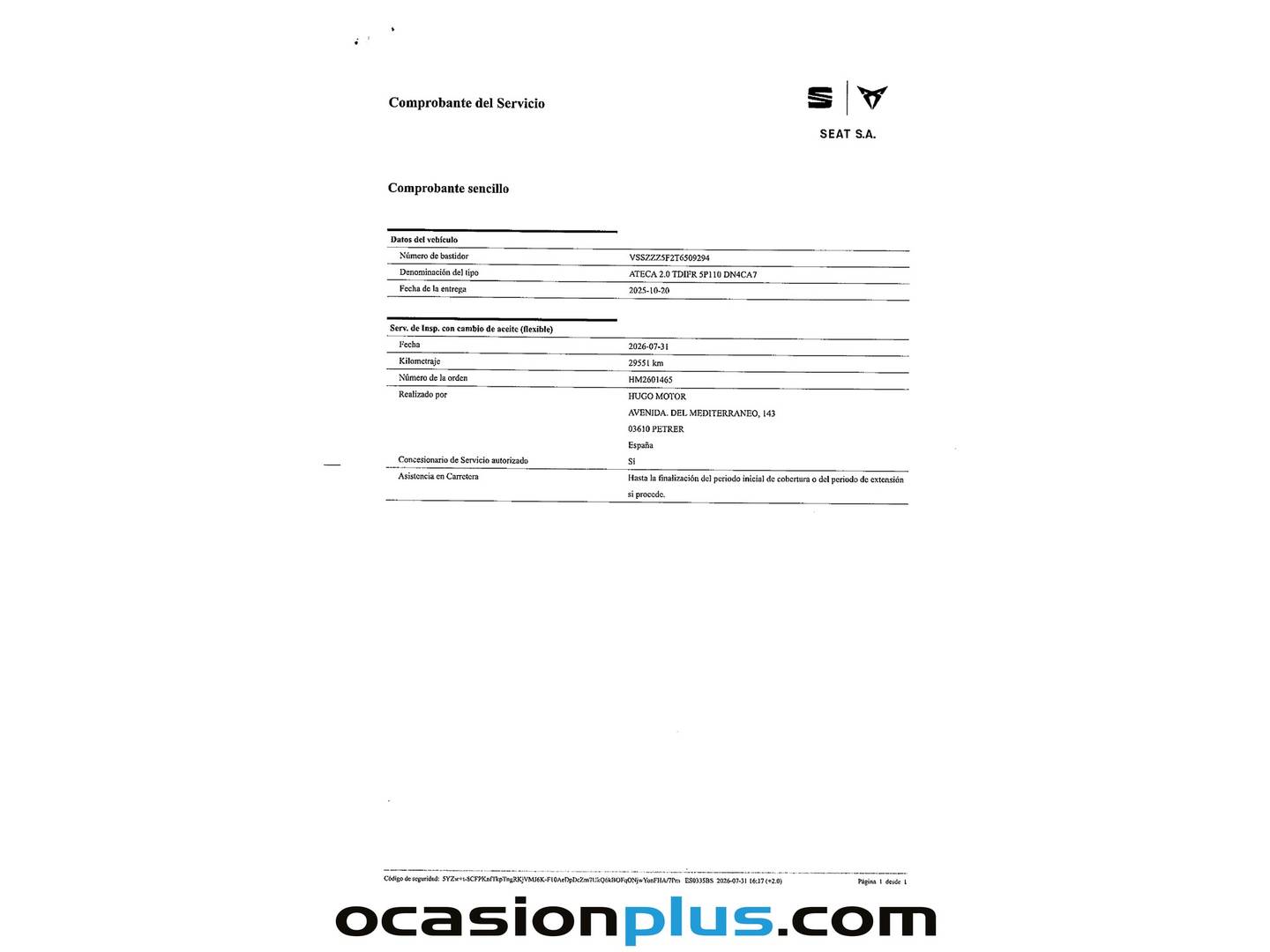Foto del mantenimiento del Seat Ateca Seat Ateca 2.0 TDI S&S FR Special Edition DSG (150 CV)