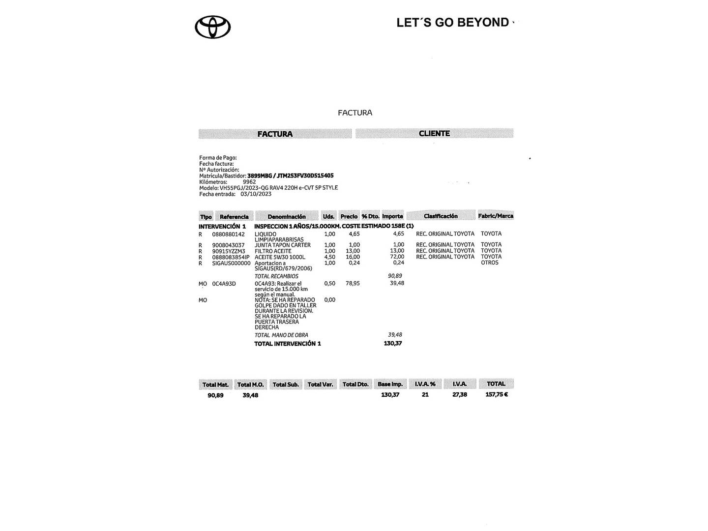 Foto del mantenimiento del Toyota Rav4 Toyota Rav4 2.5l hybrid Style 4WD (222 CV)