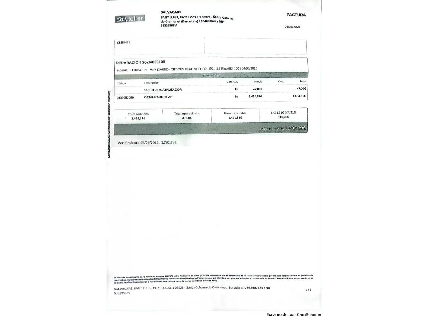Foto del mantenimiento del Citroën Berlingo Citroën Berlingo BlueHDi 100 S&S Talla M Shine (102 CV)
