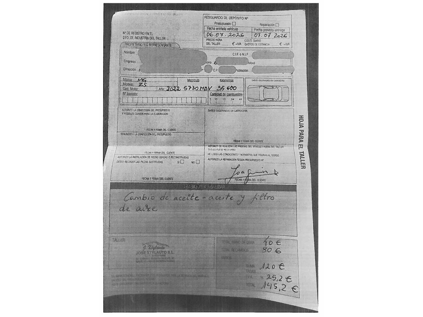 Foto del mantenimiento del MG ZS MG ZS 1.0T Luxury Auto (111 CV)