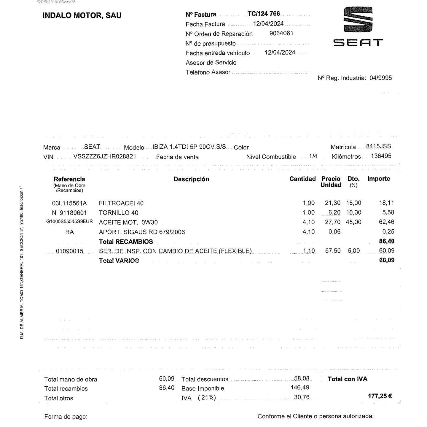 Foto del mantenimiento del Seat Ibiza Seat Ibiza 1.2 TSI Style (90 CV)
