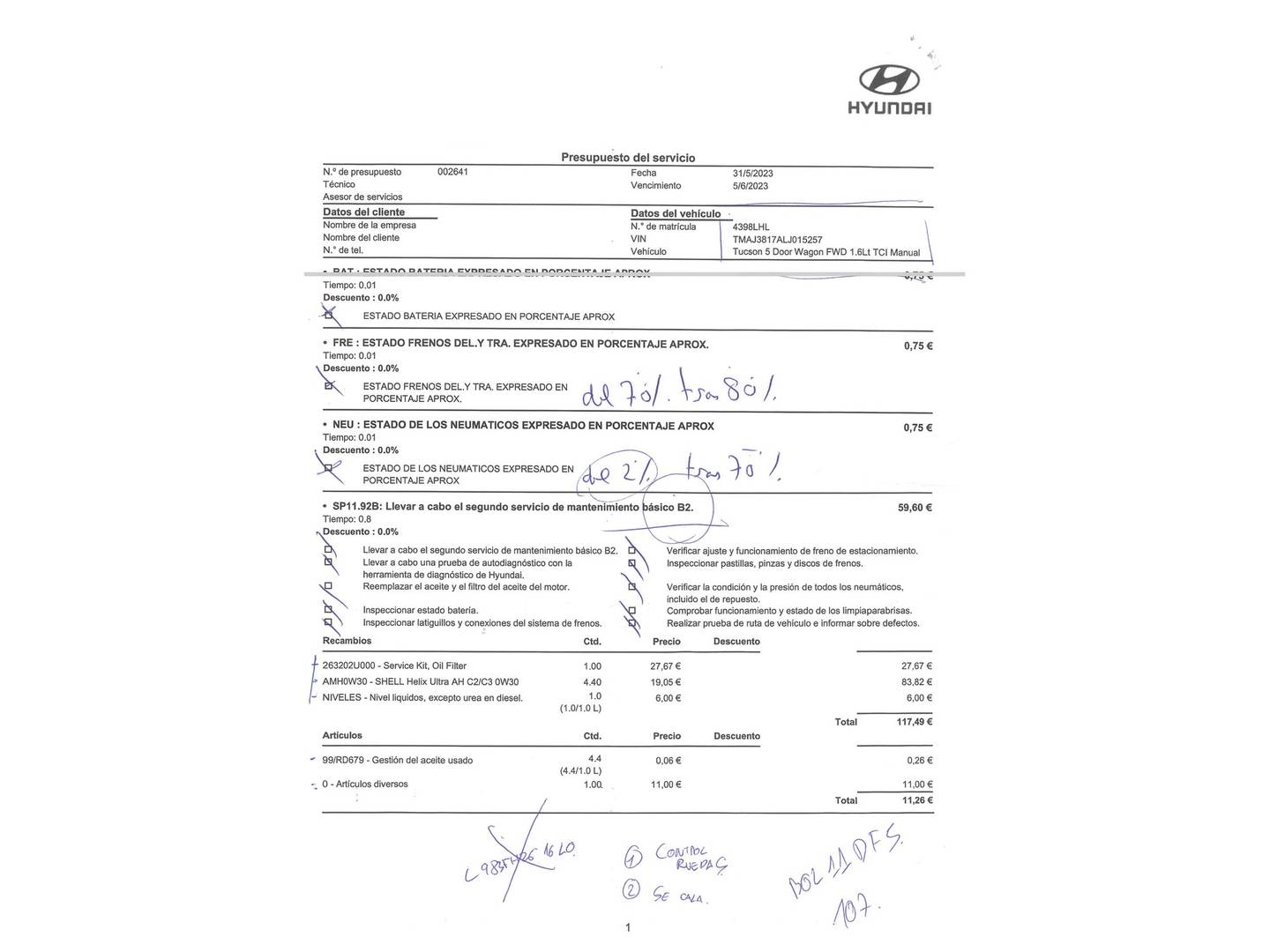 Foto del mantenimiento del Hyundai Tucson Hyundai Tucson 1.6 CRDI 48V SLE Sky 4x2 (116 CV)