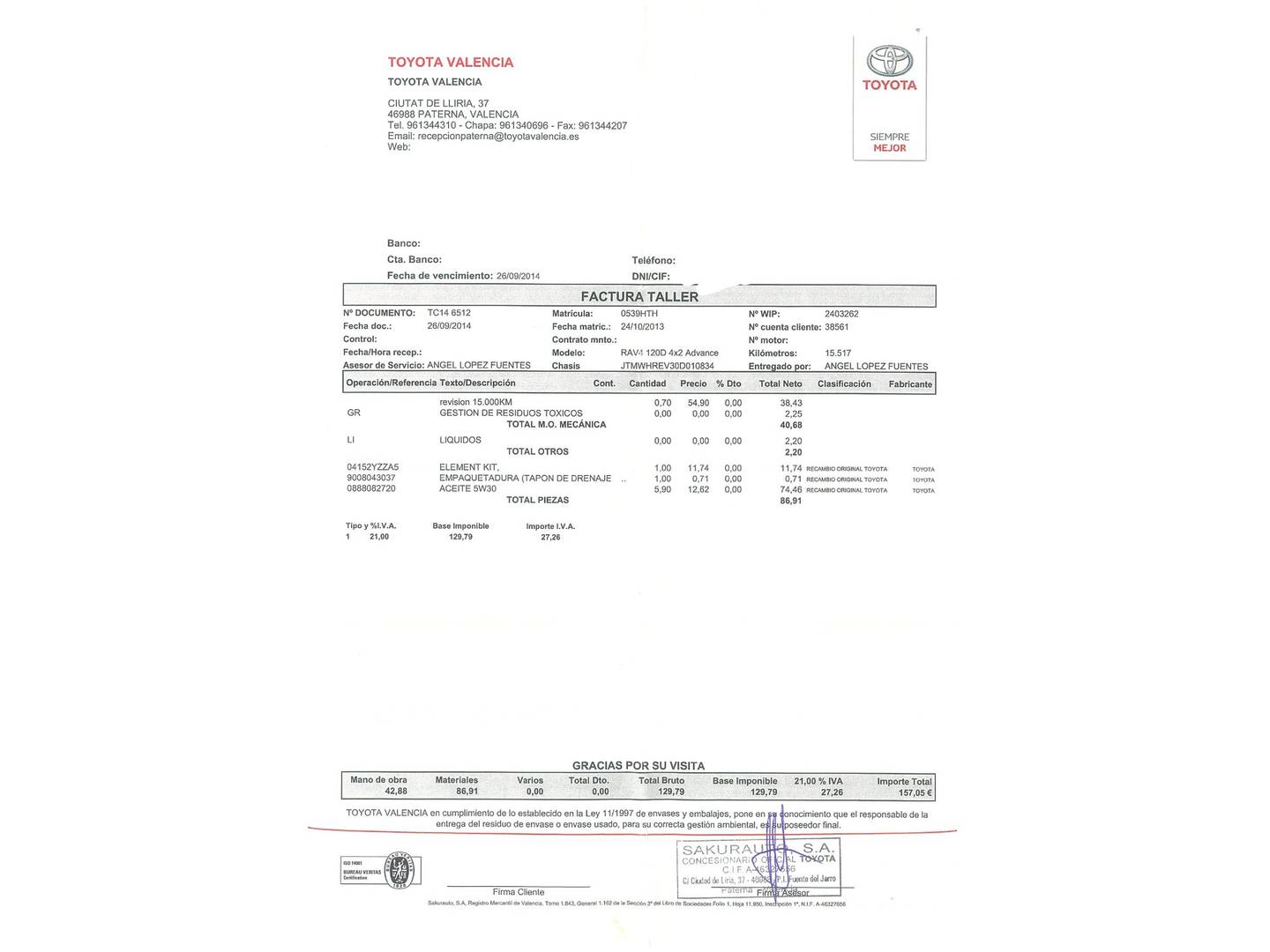 Foto del mantenimiento del Toyota Rav4 Toyota Rav4 120D Advance 4x2 (124 CV)