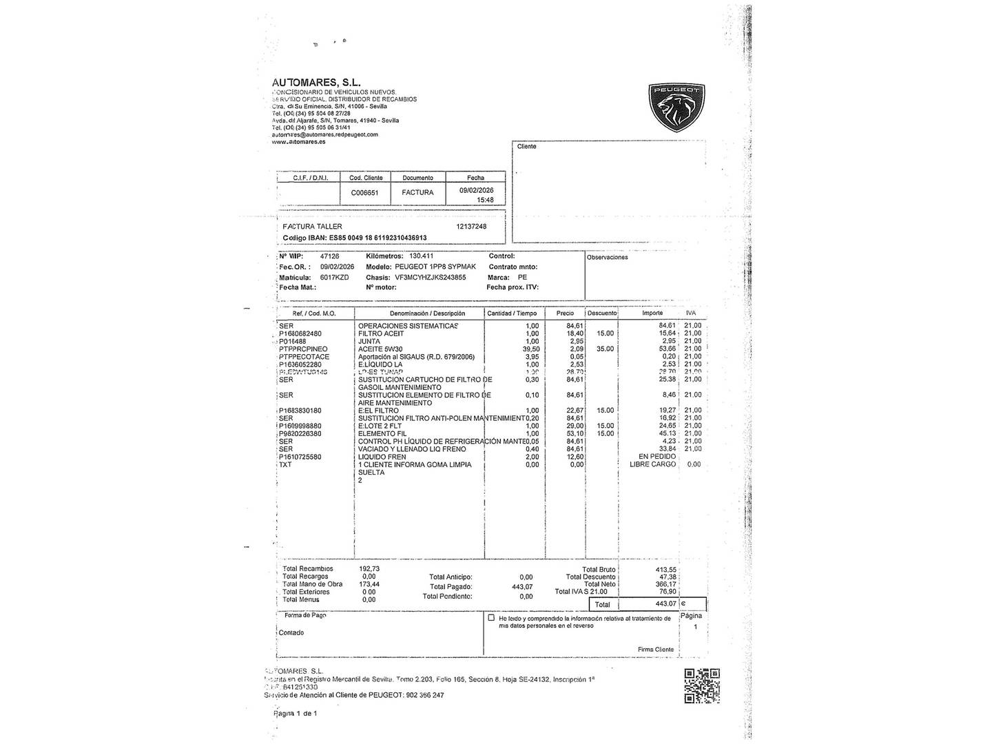 Foto del mantenimiento del Peugeot 3008 Peugeot 3008 BlueHDI 130 S&S Allure (130 CV)