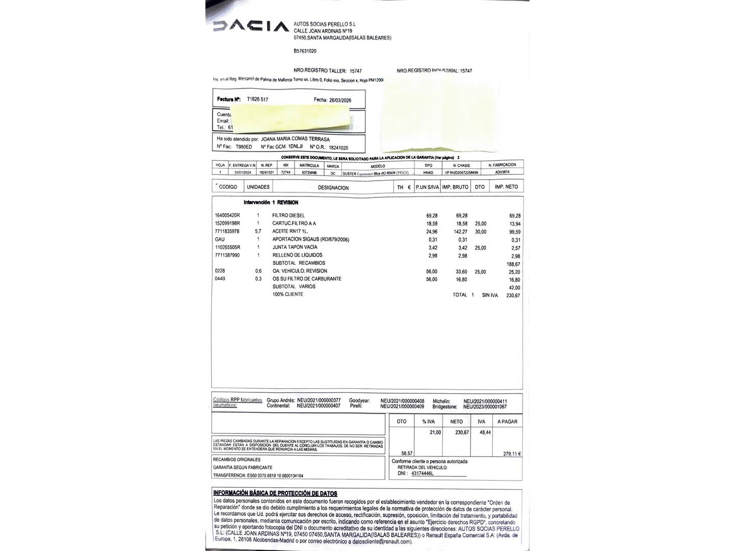 Foto del mantenimiento del Dacia Duster Dacia Duster Expression Blue dCi (115 CV)
