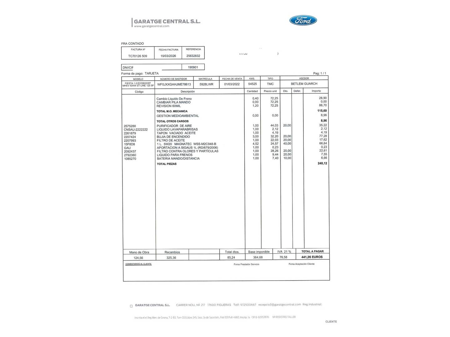 Foto del mantenimiento del Ford Fiesta Ford Fiesta 1.0 EcoBoost MHEV ST-Line (125 CV)