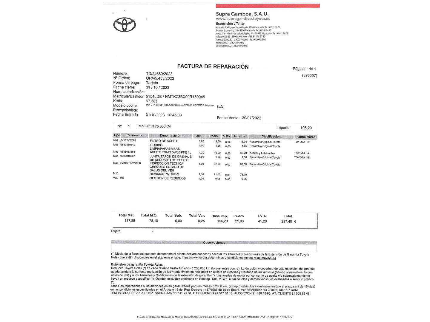 Foto del mantenimiento del Toyota C-HR Toyota C-HR 1.8 125H Advance (122 CV)