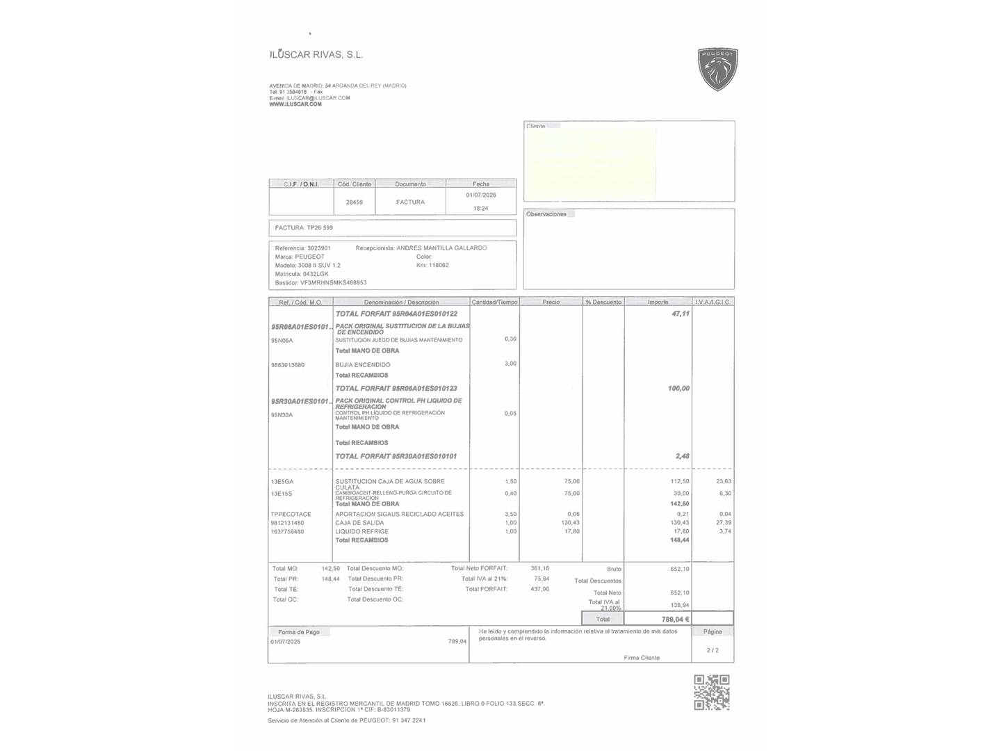 Foto del mantenimiento del Peugeot 3008 Peugeot 3008 PureTech 130 S&S Allure (130 CV)