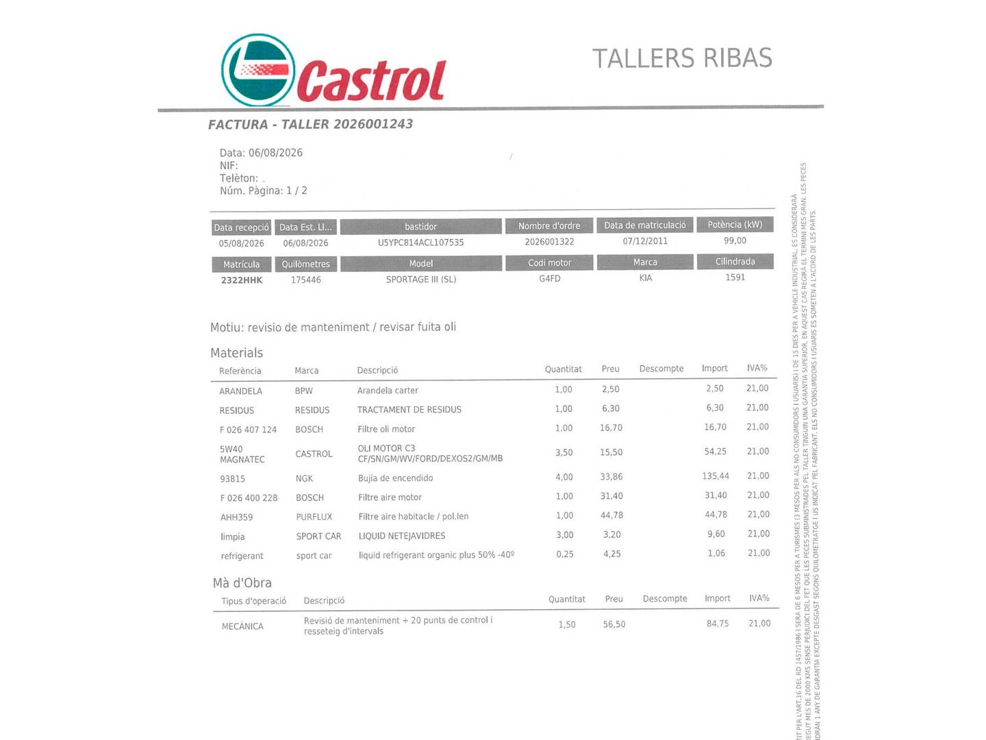 Foto del mantenimiento del KIA Sportage KIA Sportage 1.6 GDI Drive 4x2 (135 CV)