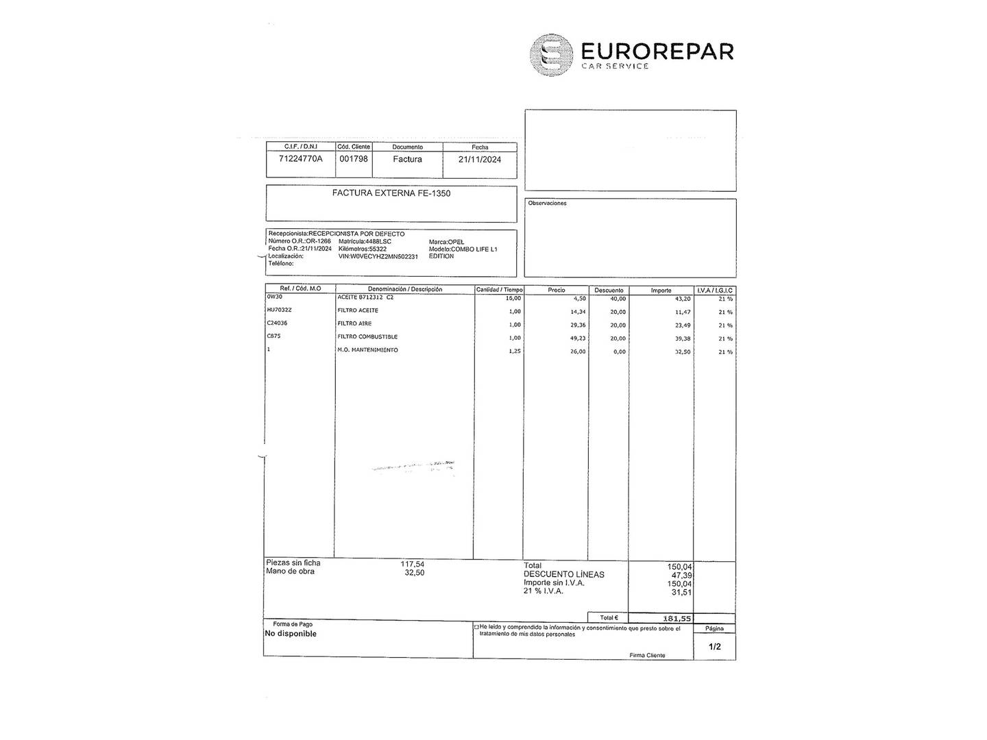 Foto del mantenimiento del Opel Combo Life Opel Combo Life 1.5 TD S&S Edition Plus L (131 CV)