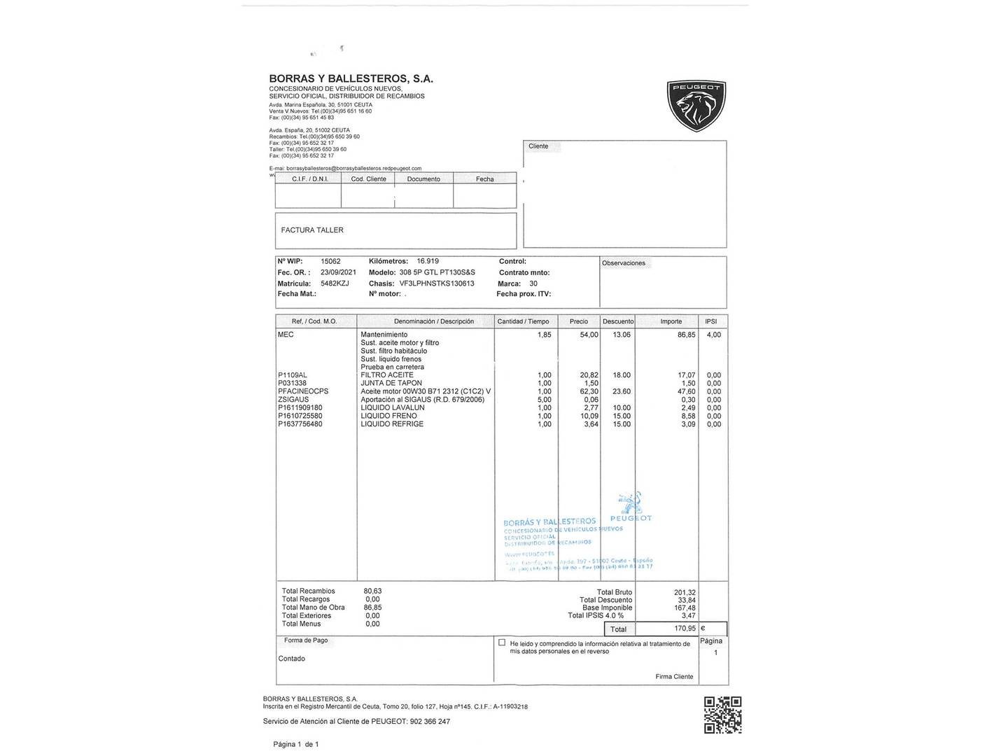 Foto del mantenimiento del Peugeot 308 Peugeot 308 PureTech 130 S&S GT Line (130 CV)