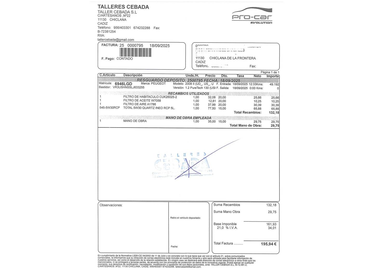 Foto del mantenimiento del Peugeot 2008 Peugeot 2008 PureTech 130 S&S Allure EAT8 (130 CV)