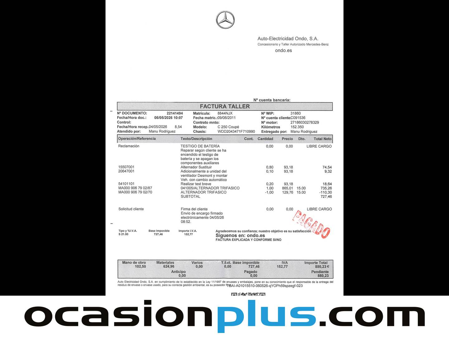 Foto del mantenimiento del Mercedes Clase C Mercedes Clase C C Coupe 250 (204 CV)