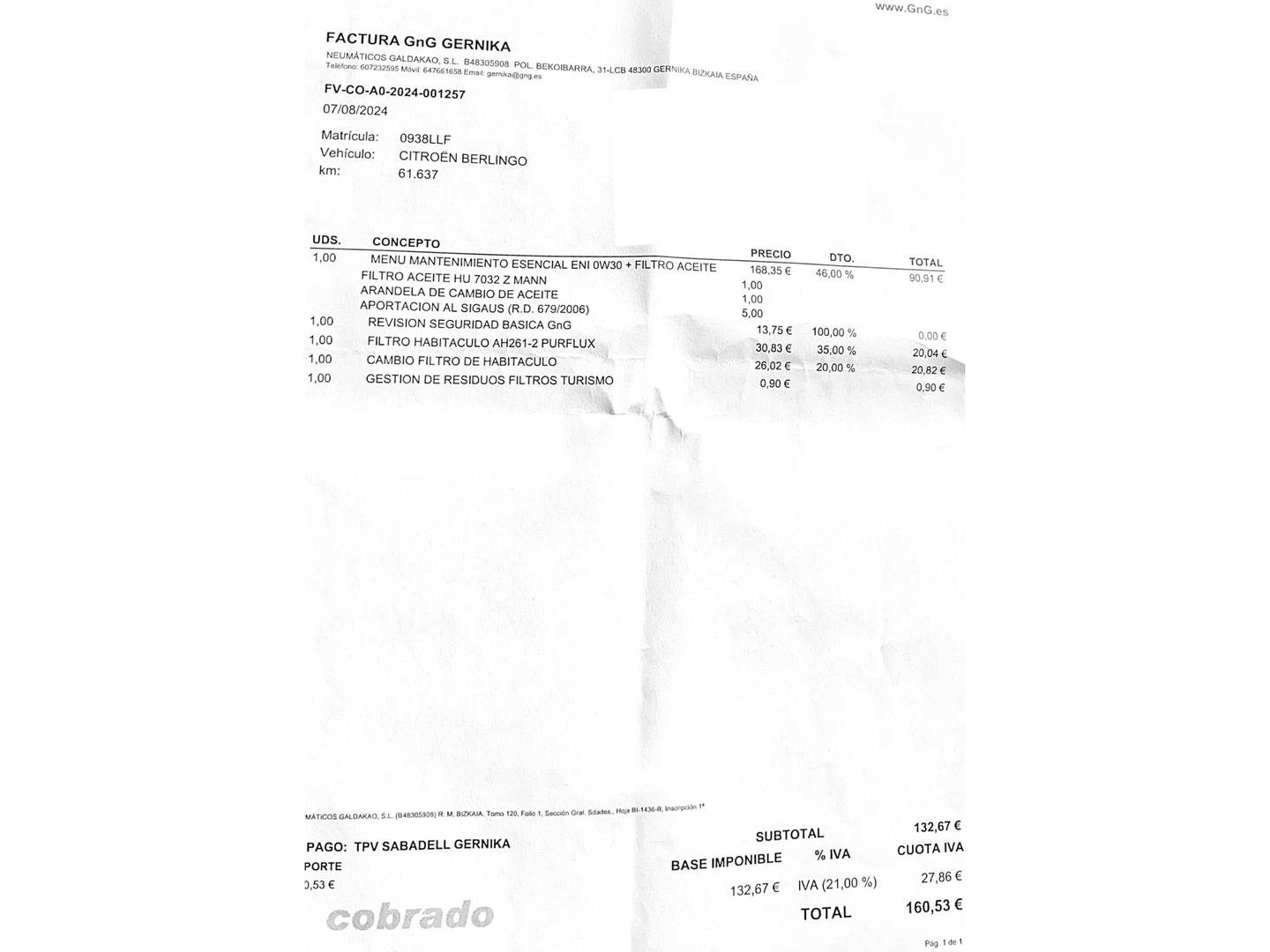 Foto del mantenimiento del Citroën Berlingo Citroën Berlingo Combi BlueHDi 100 S&S Talla M 100 Años (102 CV)