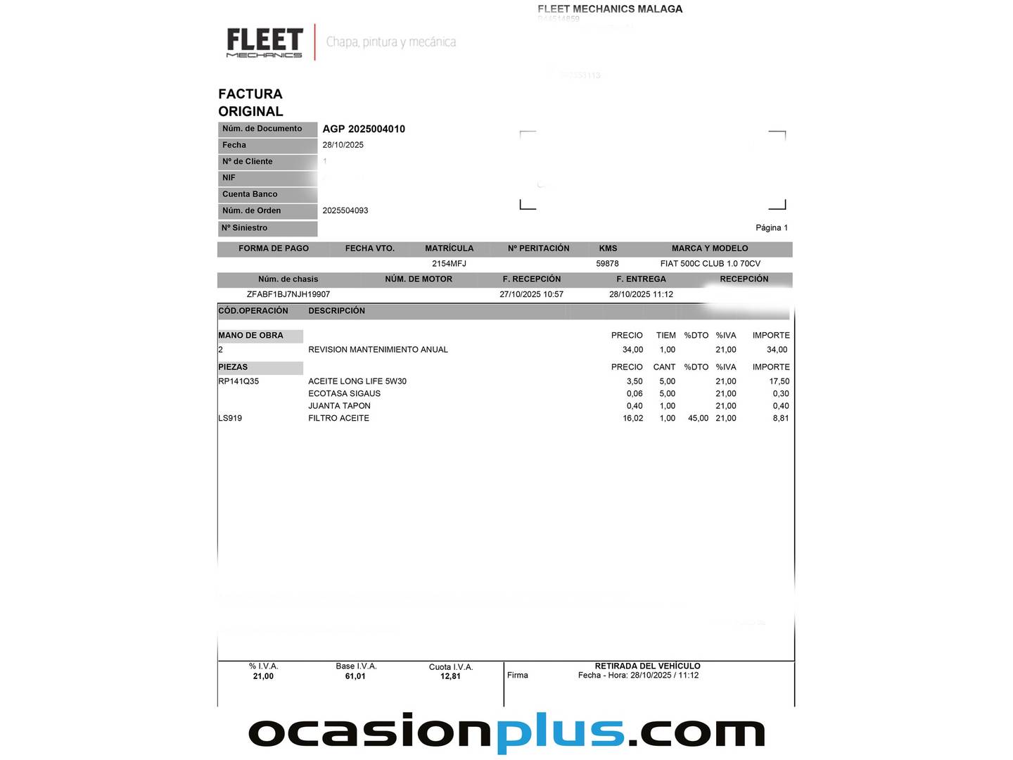 Foto del mantenimiento del Fiat 500C Fiat 500C 1.0 Hybrid Club (70 CV)