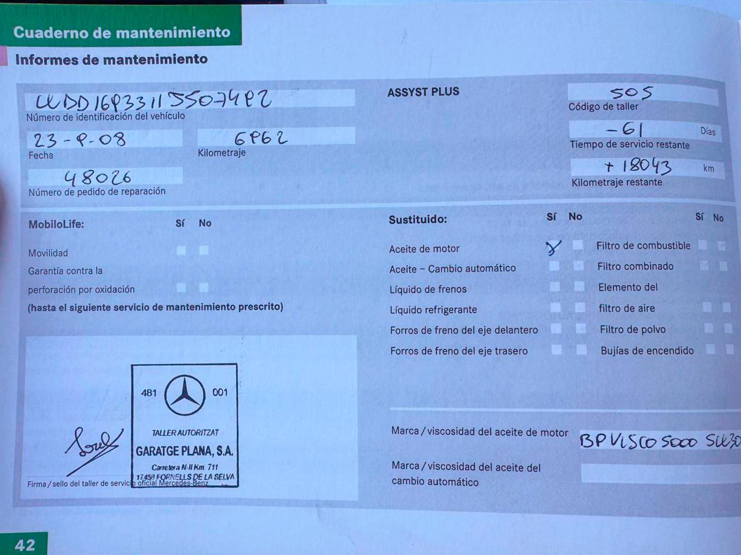 Foto del mantenimiento del Mercedes Clase A Mercedes Clase A 150 Classic (95 CV)