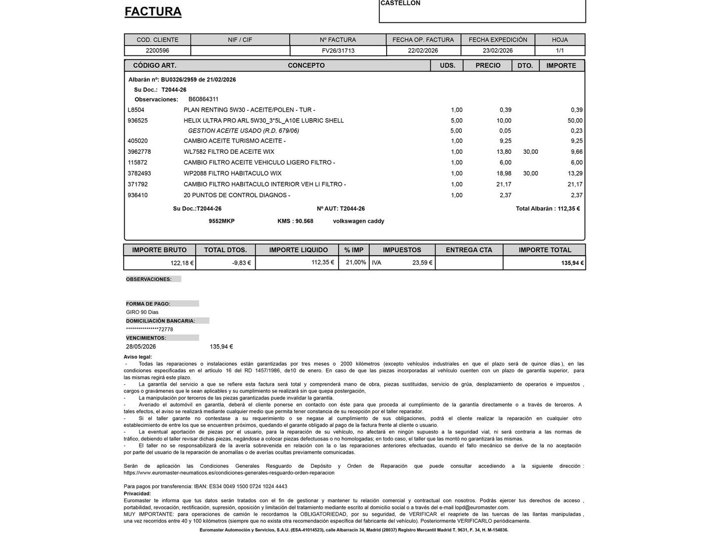 Foto del mantenimiento del Volkswagen Caddy Volkswagen Caddy Cargo 2.0 TDI (75 CV) 2 Plazas