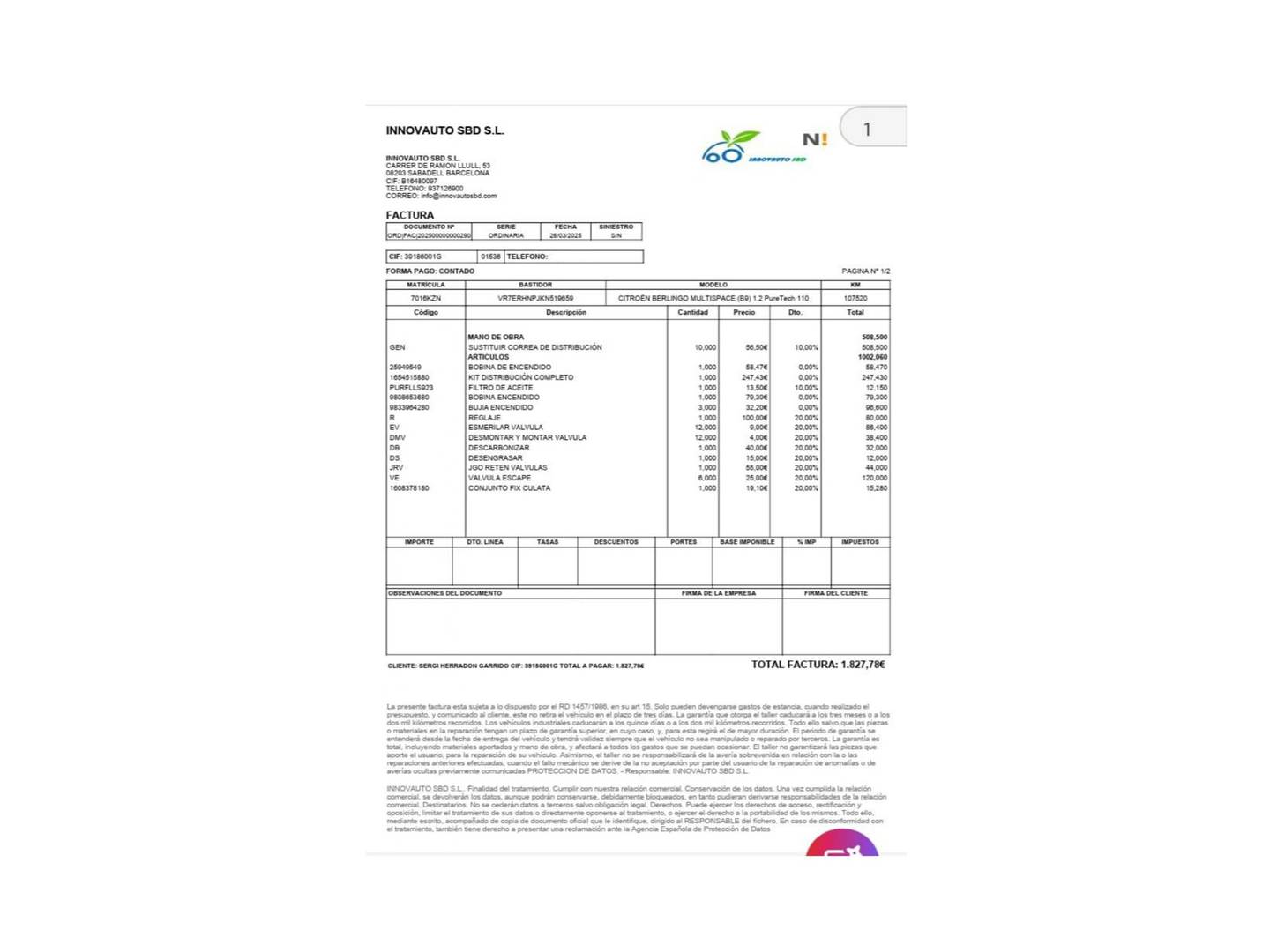 Foto del mantenimiento del Citroën Berlingo Citroën Berlingo Combi PureTech 110 S&S Talla M Feel (110 CV)
