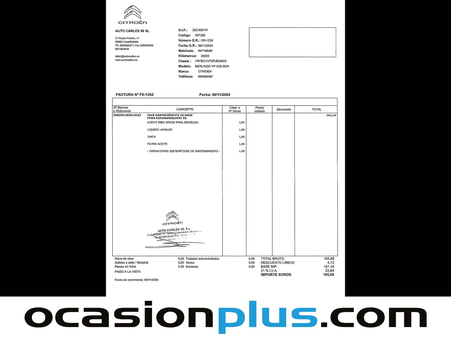 Foto del mantenimiento del Citroën Berlingo Citroën Berlingo Combi BlueHDi 100 Talla M Feel (102 CV)