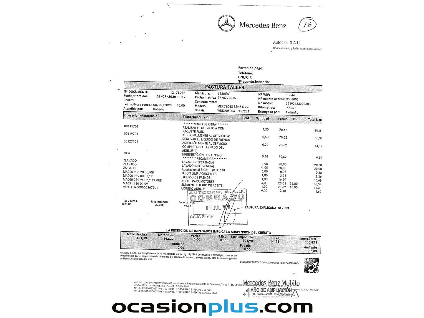 Foto del mantenimiento del Mercedes Clase C Mercedes Clase C Clase C C 220 d Avantgarde (170 CV)