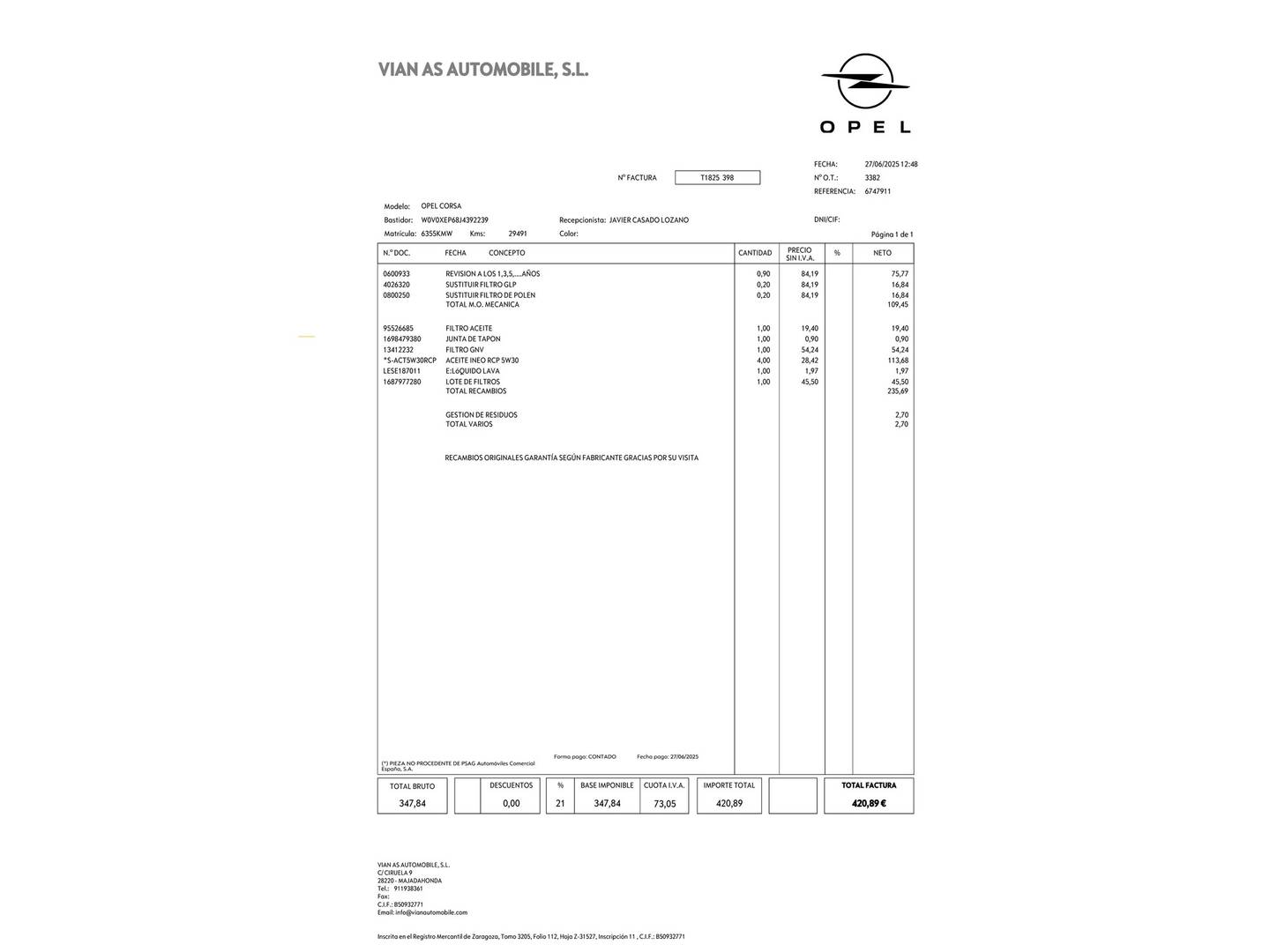 Foto del mantenimiento del Opel Corsa Opel Corsa 1.4 GLP Selective (90 CV)