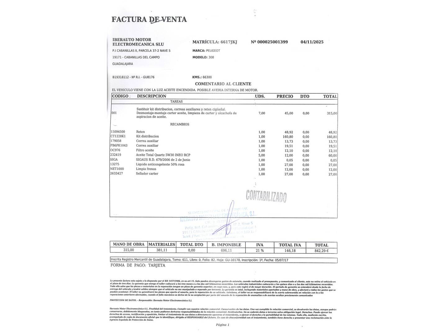 Foto del mantenimiento del Peugeot 308 Peugeot 308 PureTech 110 S&S Style (110 CV)