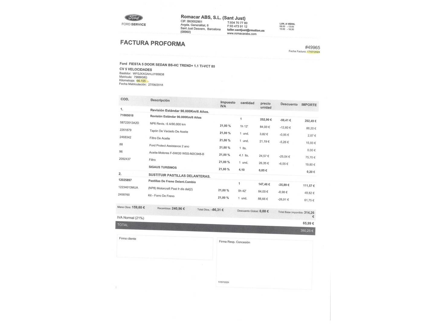 Foto del mantenimiento del Ford Fiesta Ford Fiesta 1.1 Ti-VCT Trend+ (85 CV)