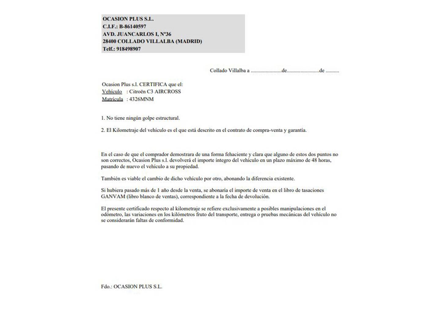 Foto del certificado del Citroën C3 Aircross Citroën C3 Aircross PureTech 110 S&S You! (110 CV)