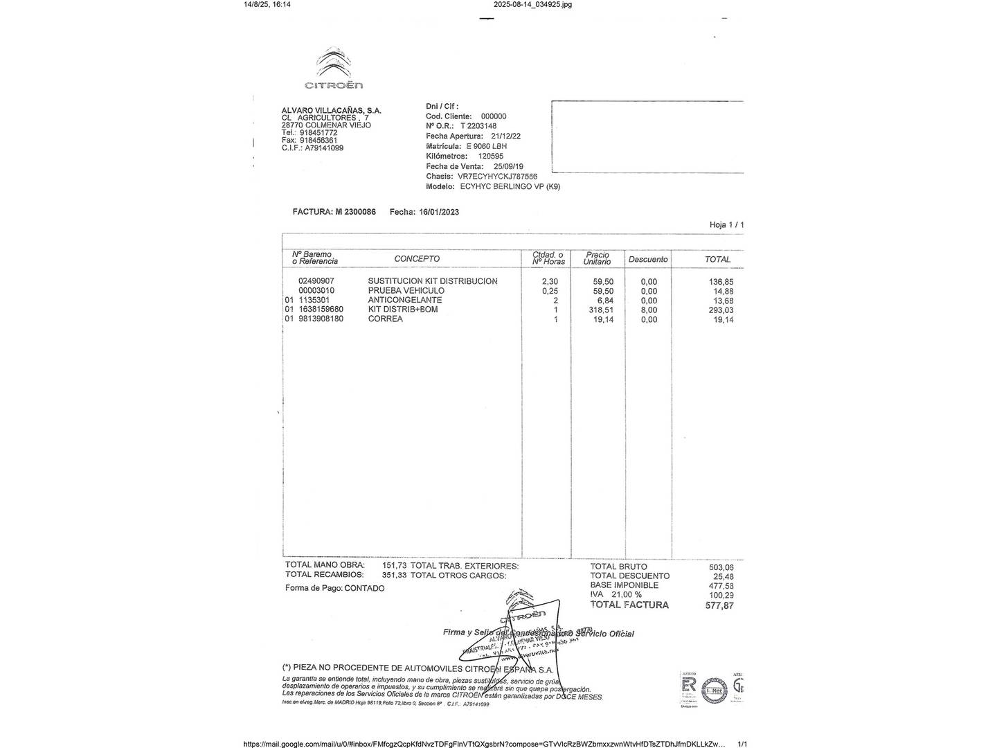 Foto del mantenimiento del Citroën Berlingo Citroën Berlingo BlueHDi 100 Talla M Feel (100 CV)