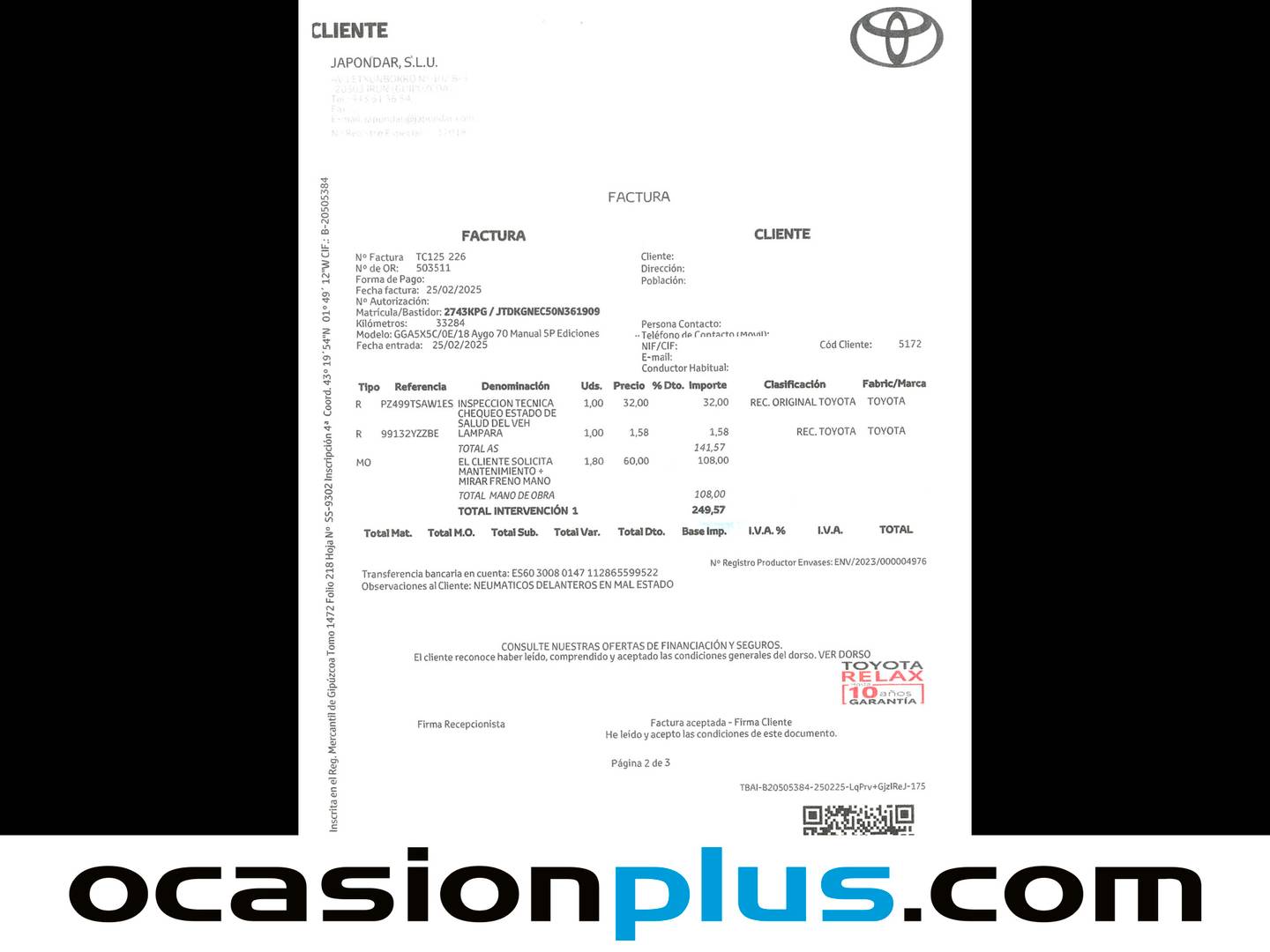 Foto del mantenimiento del Toyota Aygo Toyota Aygo 1.0 VVT-i x-play business (69 CV)