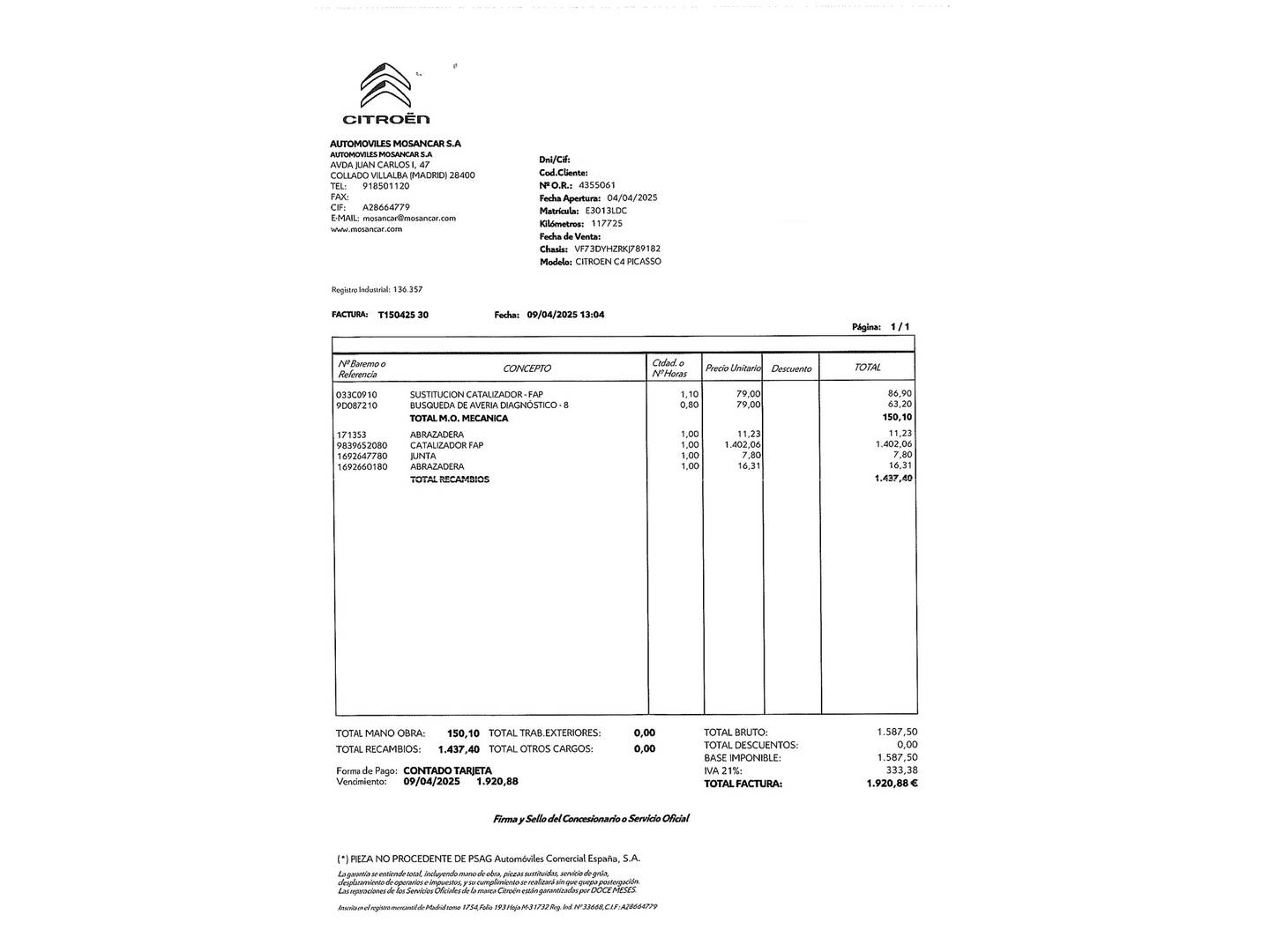 Foto del mantenimiento del Citroën C4 Spacetourer Citroen C4 Spacetourer BlueHDi Feel EAT8 (130 CV)