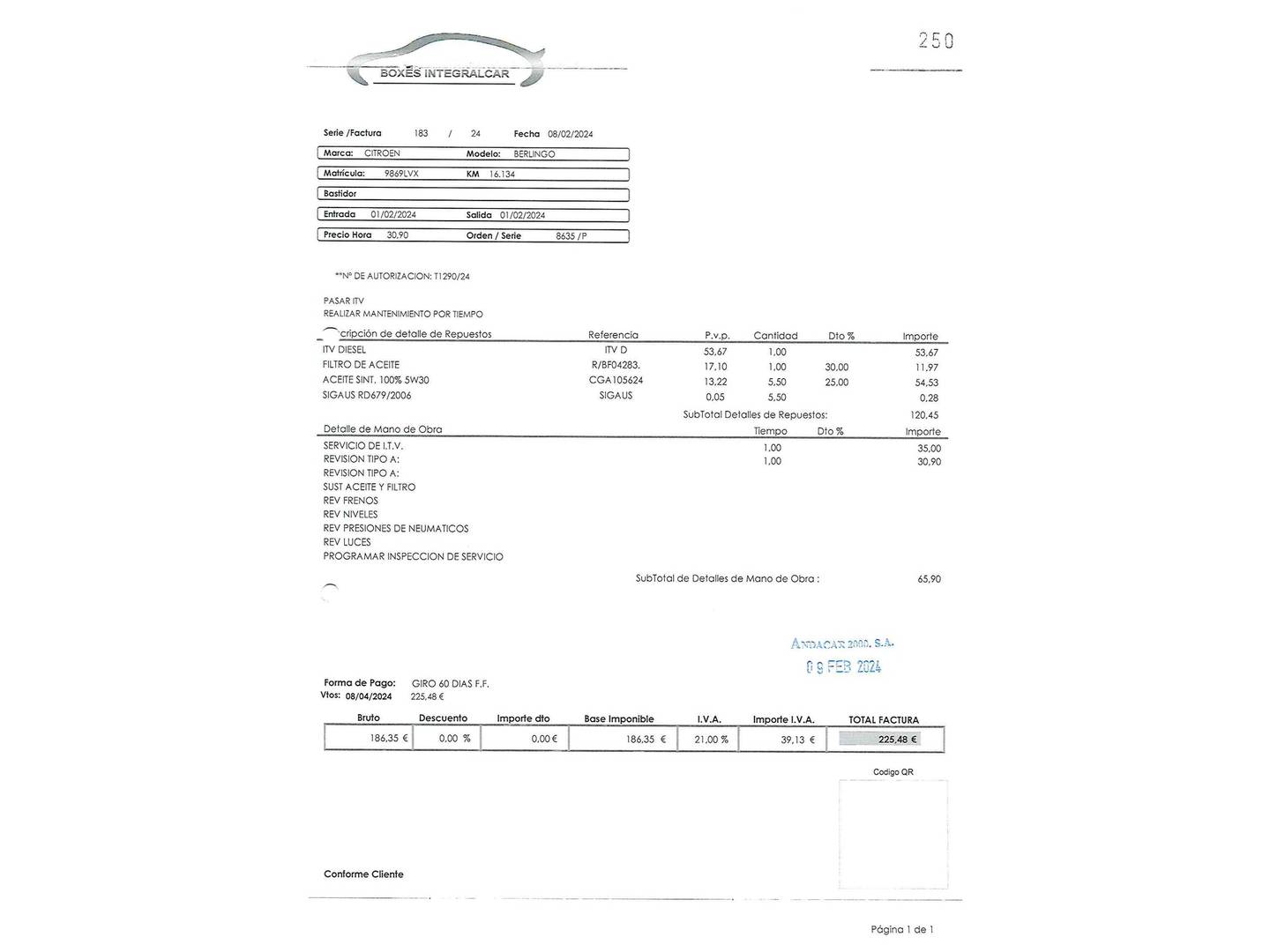 Foto del mantenimiento del Citroën Berlingo Citroën Berlingo Furgon BlueHDi 100 Talla M Control (102 CV)