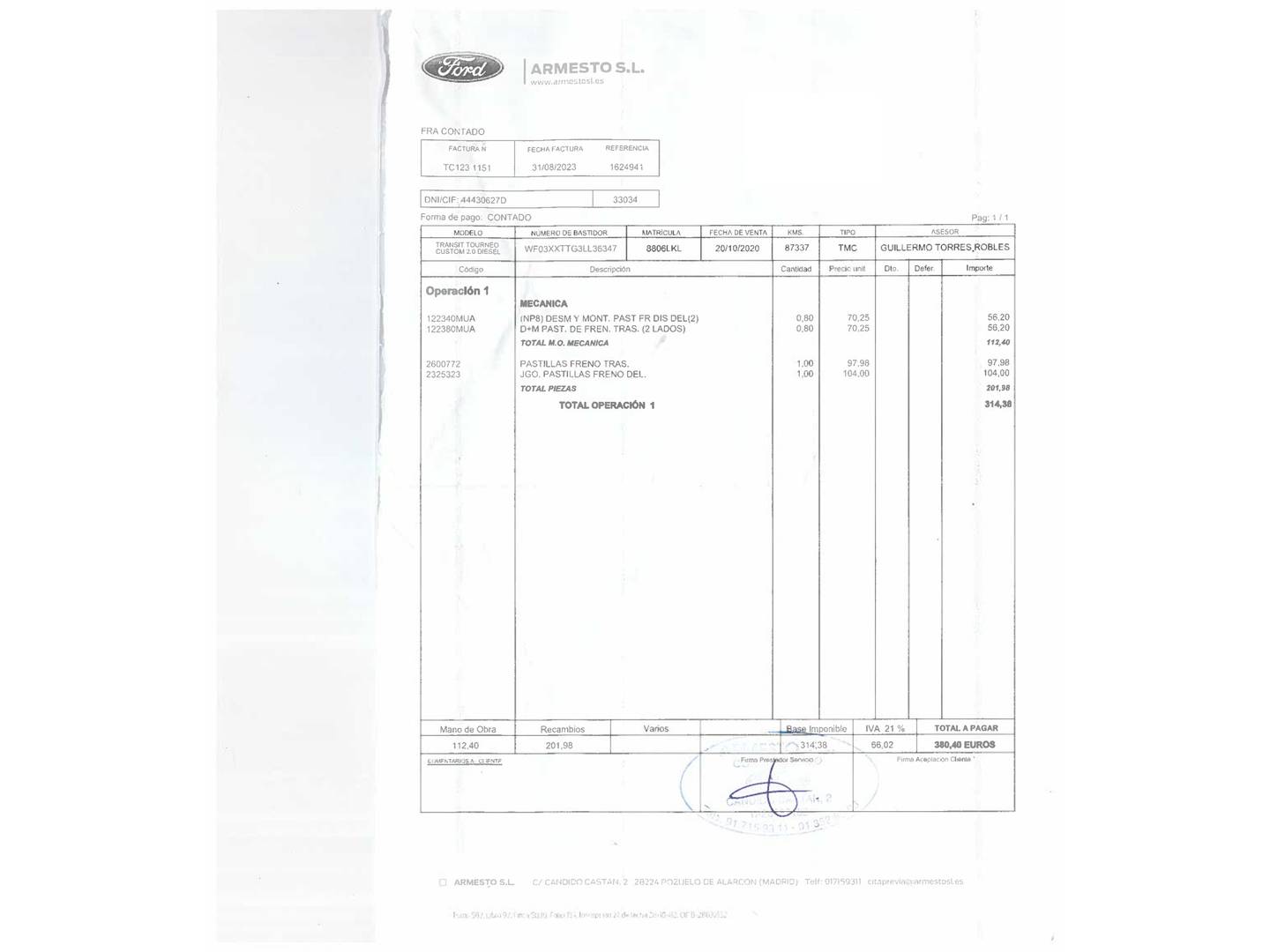 Foto del mantenimiento del Ford Tourneo Custom Ford Tourneo Custom 2.0 Ecoblue Hybrid L1 Titanium (130 CV) 9 Plazas