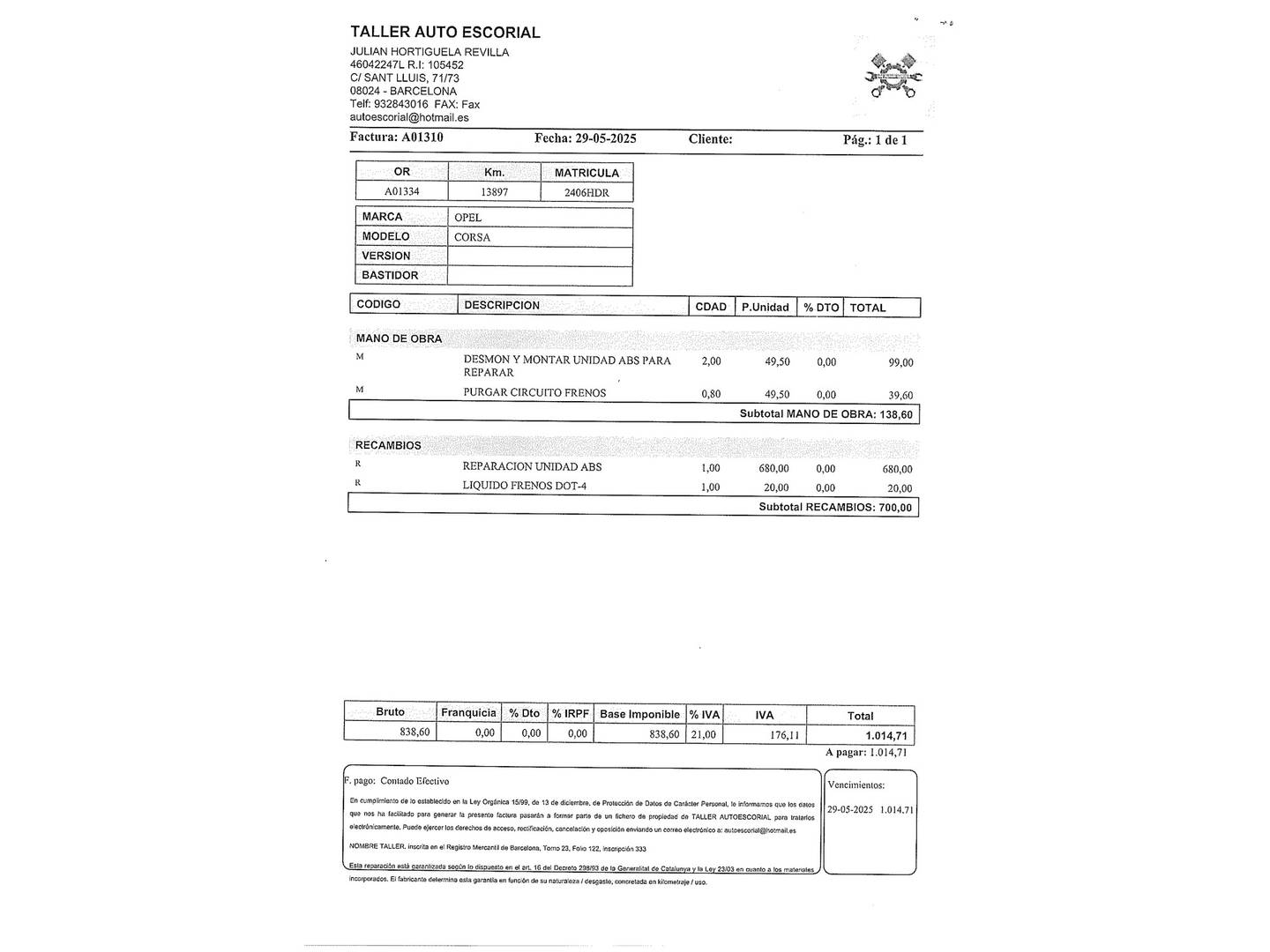 Foto del mantenimiento del Opel Corsa Opel Corsa 1.2 111 Years (85 CV)