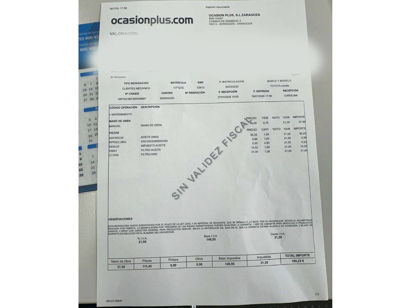 Foto del mantenimiento del Toyota Corolla Toyota Corolla 1.8 125 Híbrido Active Tech E-CVT Sedán (122 CV)