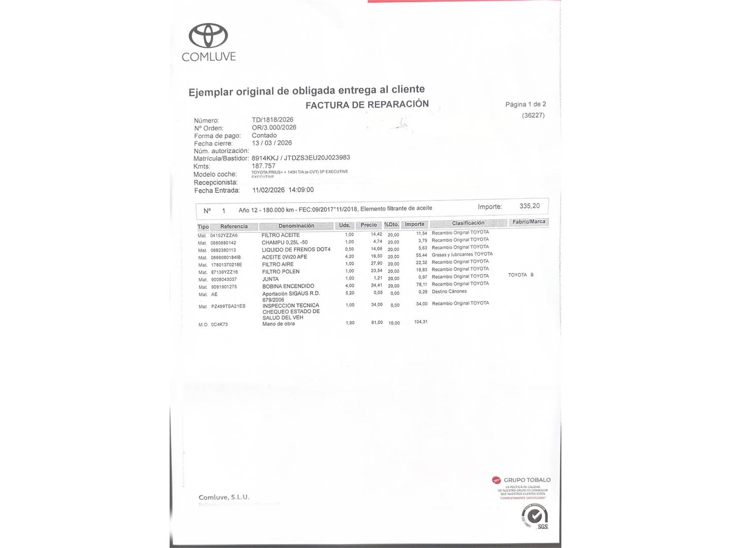 Foto del mantenimiento del Toyota Prius+ Toyota Prius+ 1.8 Executive (136 CV) 7 Plazas
