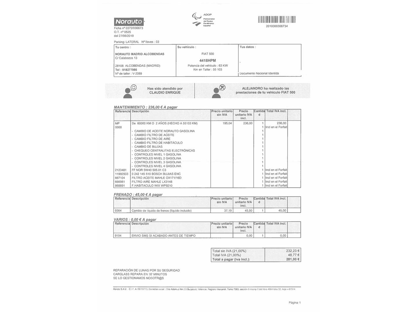 Foto del mantenimiento del Fiat 500 Fiat 500 0.9 Turbo TwinAir Lounge (85 CV)
