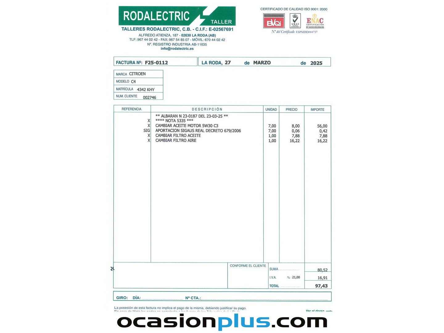 Foto del mantenimiento del Citroën C4 Cactus Citroen C4 Cactus PureTech 110 S&S Cool&Comfort (110 CV)