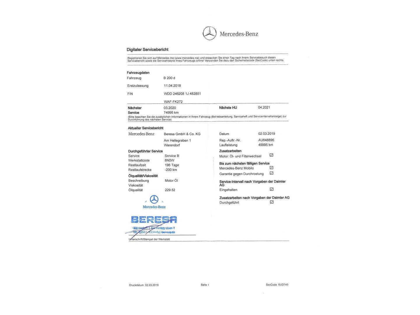 Foto del mantenimiento del Mercedes Clase B Mercedes Clase B 200 d (136 CV)