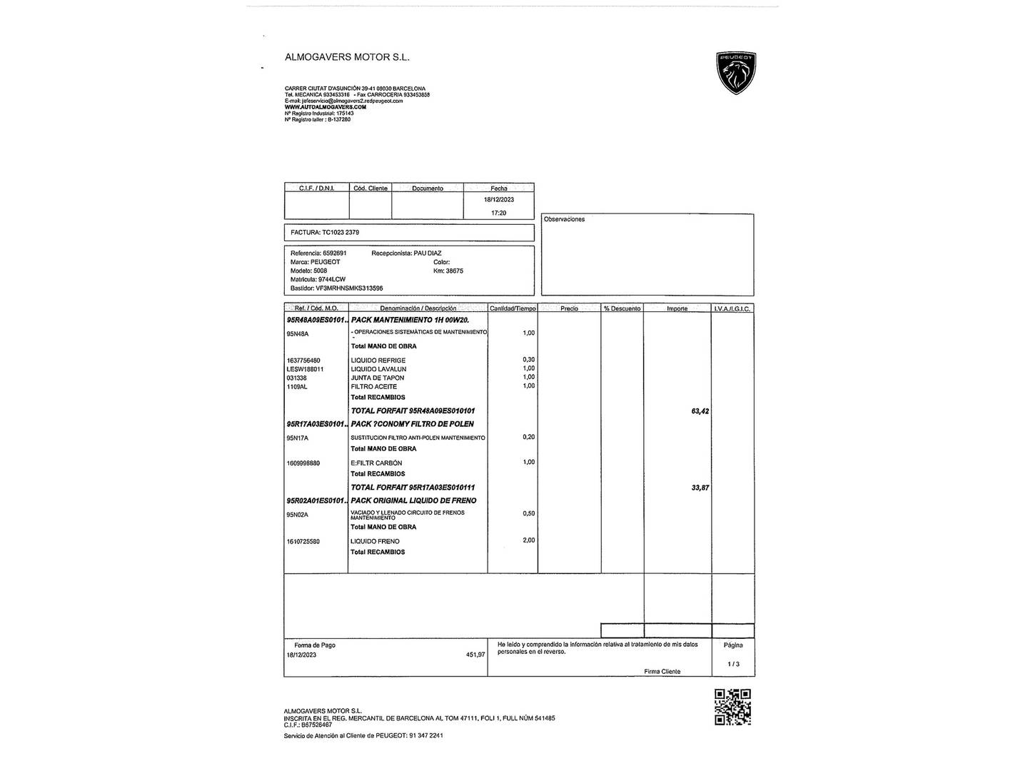 Foto del mantenimiento del Peugeot 5008 Peugeot 5008 PureTech 130 GT Line (130 CV) 7 Plazas