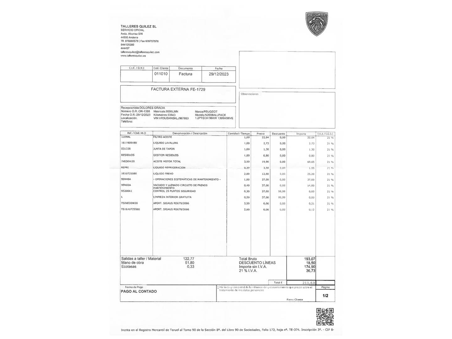Foto del mantenimiento del Peugeot 2008 Peugeot 2008 PureTech 130 S&S Allure Pack (130 CV)