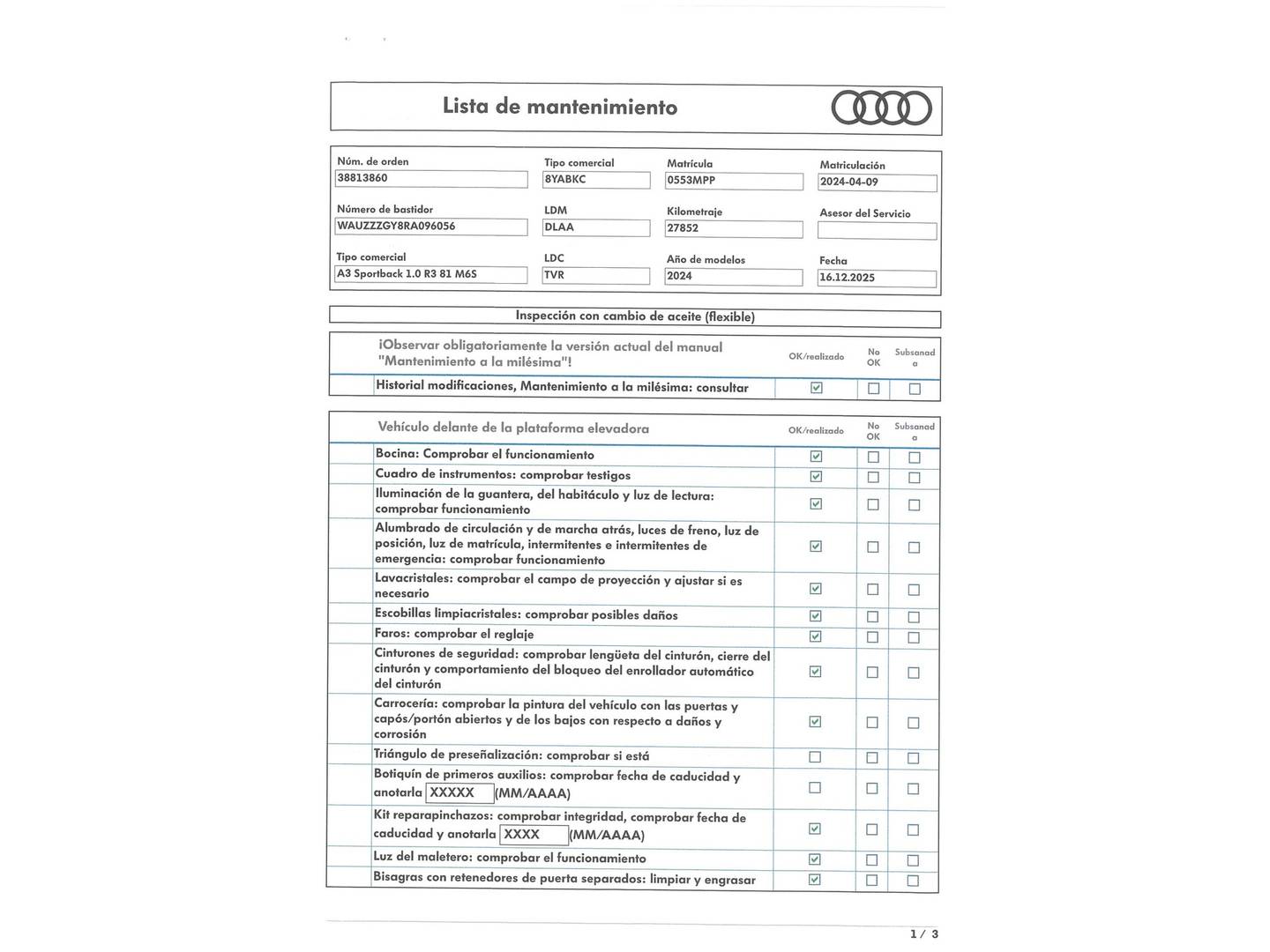 Foto del mantenimiento del Audi A3 Audi A3 Sportback Advanced 30 TFSI (110 CV)