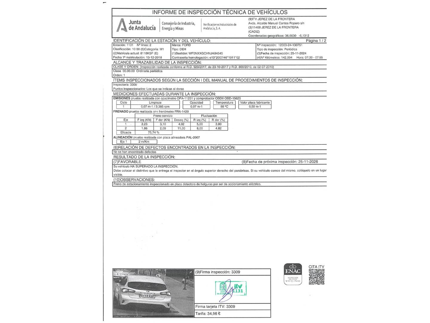 Foto del certificado del Ford Focus Ford Focus 1.5 Ecoblue Trend+ (120 CV)
