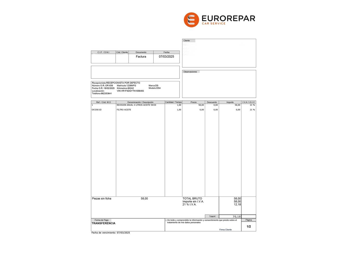 Foto del mantenimiento del DS DS 4 DS DS4 E-TENSE Trocadero (225 CV)
